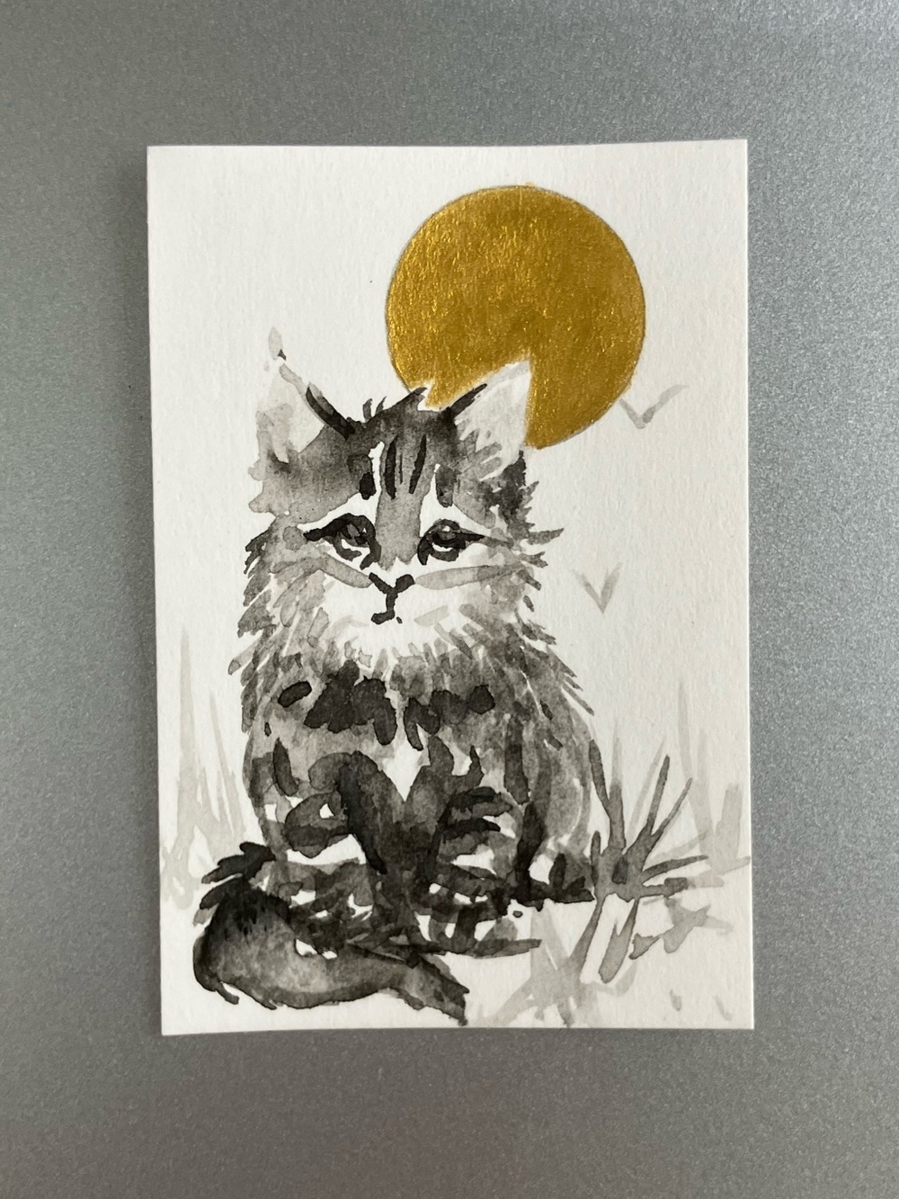 ORIGINAL kitten main coon painting cat art miniature realism artwork sumi-e